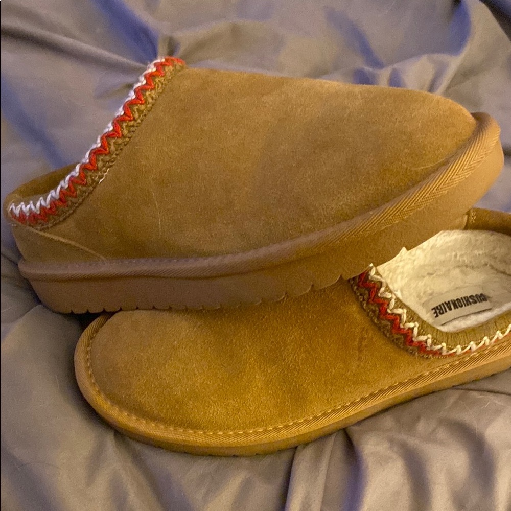 Cozy Brown Suede Slippers with Red Trim